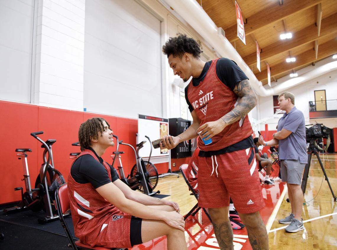 N.C. State’s Darrion Williams, right, interviews teammate Jordan Snell during media day at Dail Basketball Center on Monday, Sept. 22, 2025, in Raleigh, N.C.