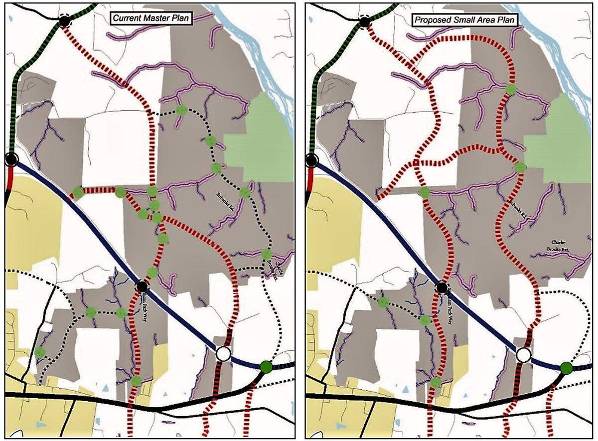 North Chatham Park Way was shown (at left) running closer to the Chatham Park’s property line with North Woods neighbors in the approved master plan. New plans (at right) show the parkway roughly a quarter-mile inside the neighborhood.