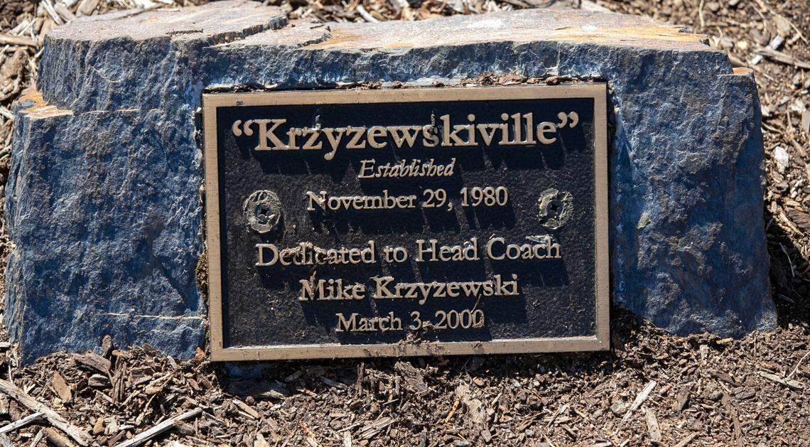 A plaque dedicated 22 years ago marks Krzyzewskiville on the Duke University campus. For more than 40 years students have erected a tent city adjacent to Cameron Indoor Stadium to earn a ticket to the rivalry game against North Carolina. Tickets were distributed a different way this year for coach Krzyzewski’s final game in Cameron on March 5, 2022.