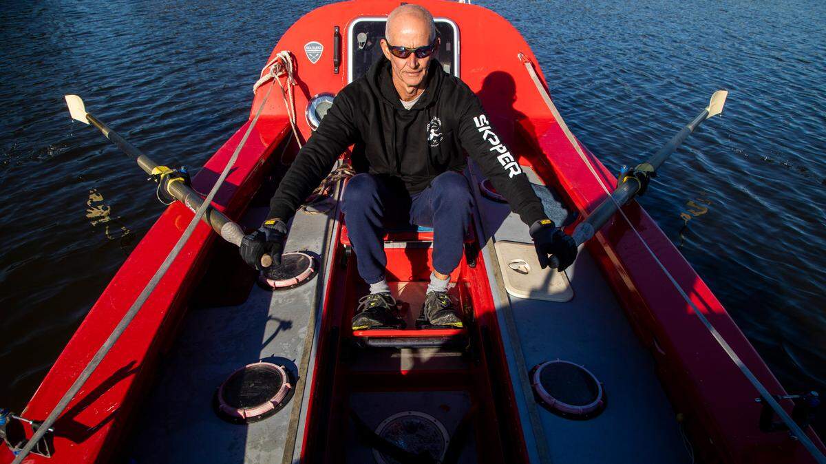 Peter Harley trains in his rowboat at Jordan Lake Thursday, Dec. 10, 2020. At 60, Harley wants to be the oldest man to row solo from west to east across the North Atlantic. He also wants to bring attention to the effects of climate change, ocean pollution and widespread deforestation on the planet and its people.