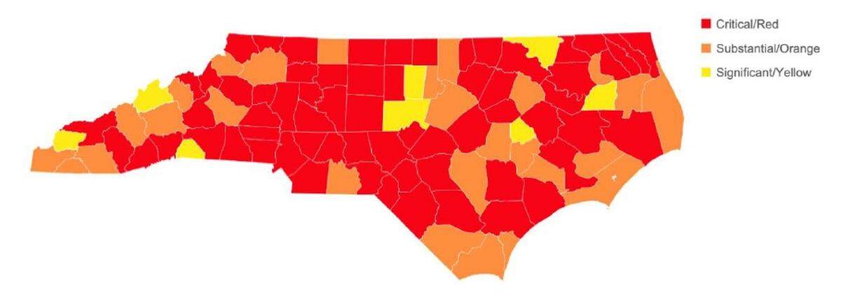 North Carolina County Alert System, updated Dec. 22. Data from Dec. 5-18, 2020