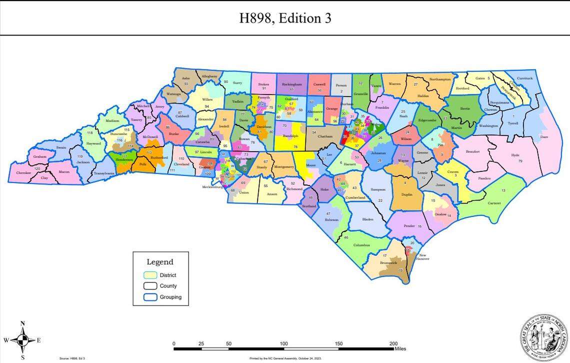 Final NC House map.jpg The North Carolina state House map passed by the General Assembly on Oct. 25, 2023, to use in the 2024 elections.