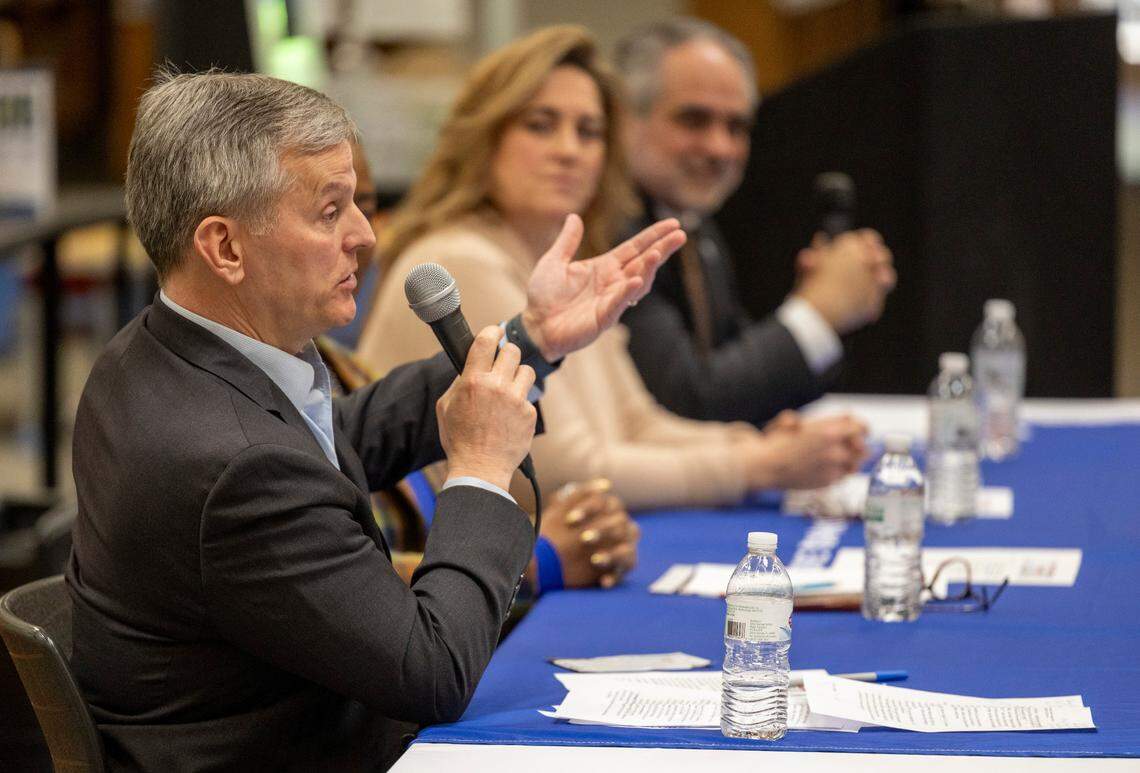 State Attorney General Josh Stein answers questions during a town hall on the impacts of social media on youth at Athens Drive High School in Raleigh on Monday, March 11, 2024. The Attorney General’s Office and the Wake County School System have both filed lawsuits accusing social media providers of employing practices to addict young people to social media.