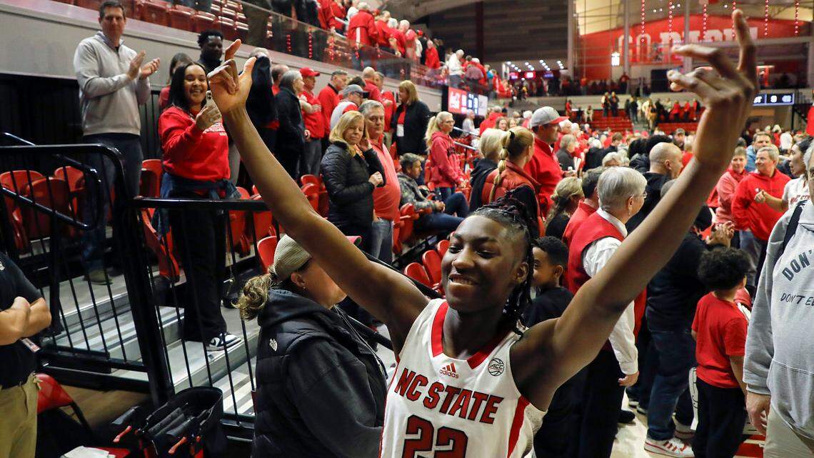 N.C. State’s Saniya Rivers celebrates while walking off the court after the Wolfpack’s 63-59 win over North Carolina on Thursday, Feb. 1, 2024, at Reynolds Coliseum in Raleigh, N.C.