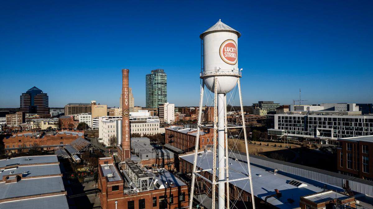 An aerial view of the American Tobacco Campus in Durham, Wednesday, Dec. 20, 2023.