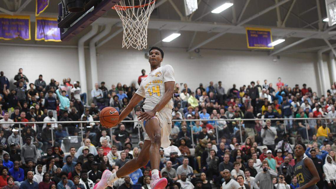 Isaiah Todd (14) of Word of God Christian Academy prepares to dunk. He has decided to turn pro instead of attending Michigan on scholarship.