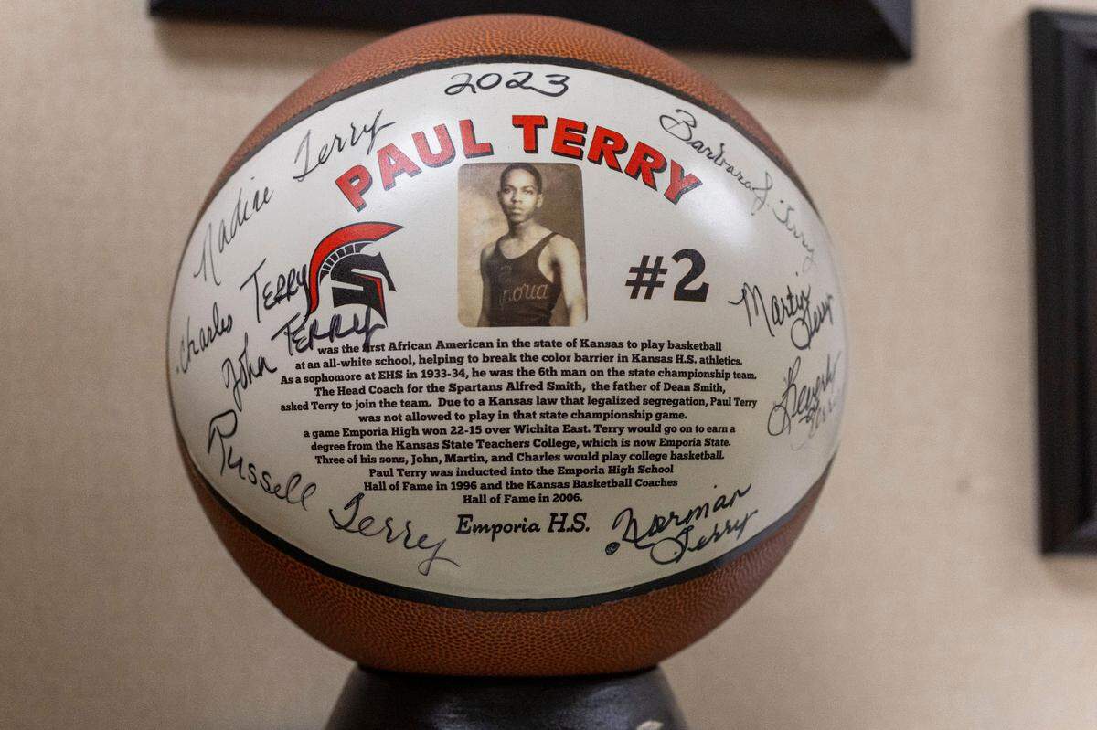 A basketball commemorating Paul Terry, on Wednesday, November 6, 2024 in Emporia, Kansas. Terry was the first African American in Kansas to play basketball at the all-white Emporia High School in 1933-34 under coach Alfred Smith, Dean Smith’s father.  