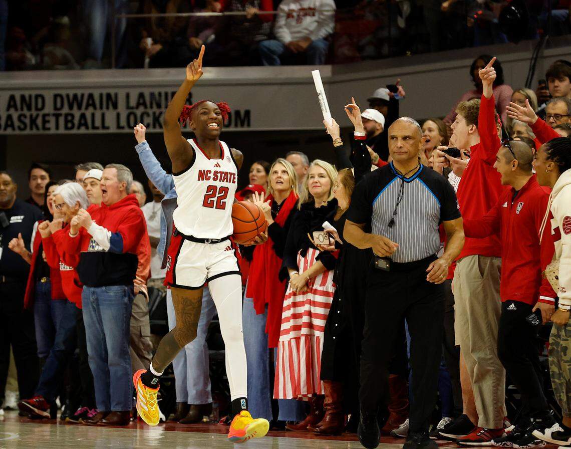 N.C. State’s Saniya Rivers celebrates in the final seconds of the Wolfpack’s 104-95 double overtime win over top-ranked Notre Dame on Sunday, Feb. 23, 2025, at Reynolds Coliseum in Raleigh, N.C.