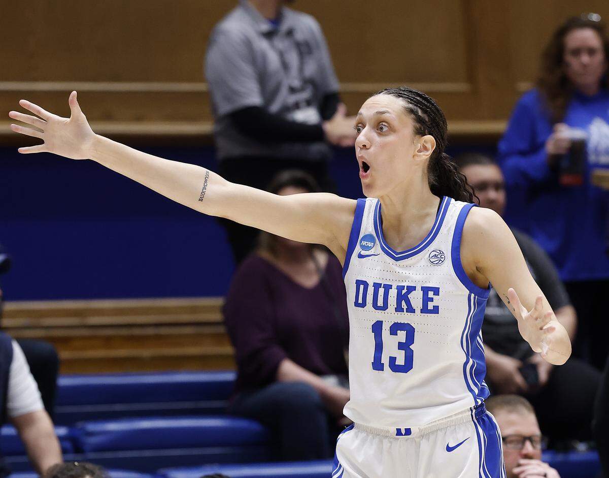 Duke’s Jordan Wood reacts to a call by an official during the first half of the Blue Devils’ 81-64 first-round NCAA Tournament win over College of Charleston on Friday, March 20, 2026, at Cameron Indoor Stadium in Durham, N.C.