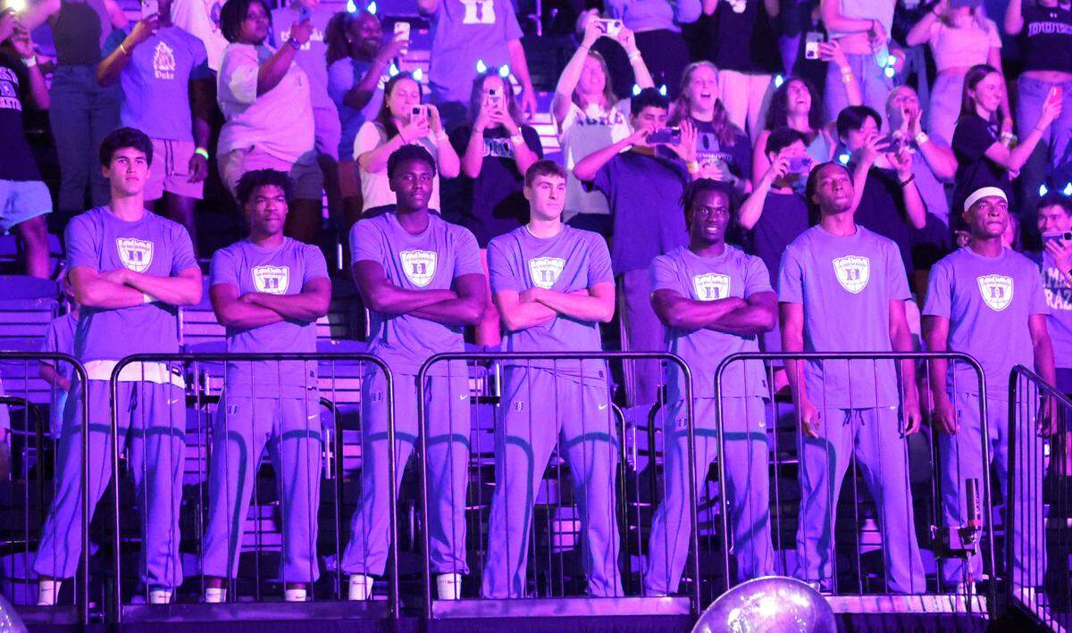 Members of the Duke basketball team prepare to take the floor during the Blue Devils’ Countdown to Craziness at Cameron Indoor Stadium in Durham, N.C., Friday, Oct. 4, 2024.