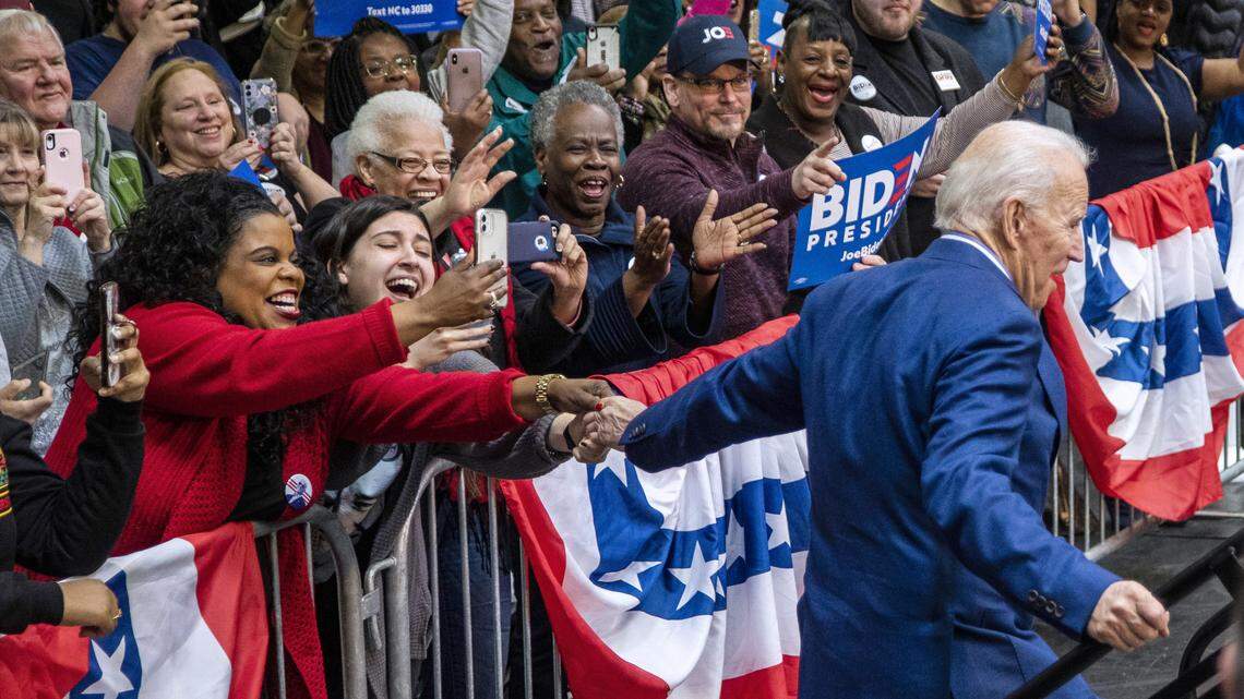Former Vice President Joe Biden takes the stage during a campaign rally at St. Augustine’s University, a private HBCU, Saturday, Feb. 29, 2020 before Super Tuesday.