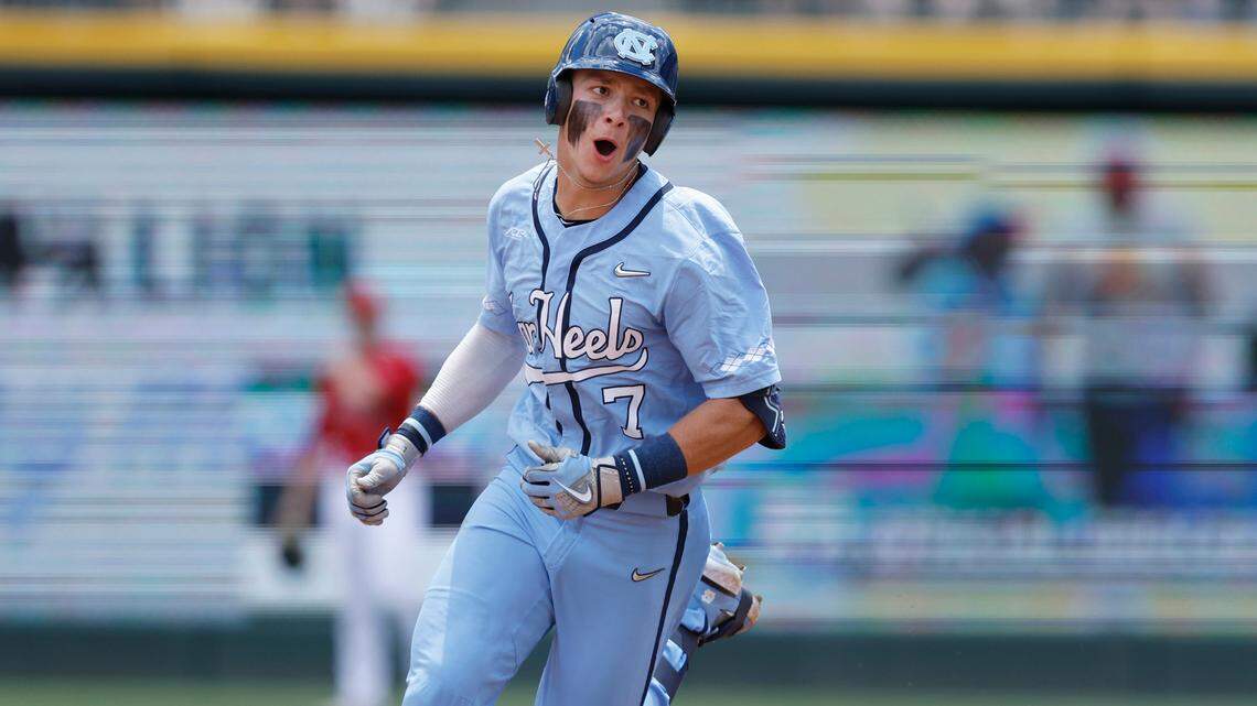 North Carolina’s Vance Honeycutt (7) celebrates as he rounds second base after hitting a three-run home run during N.C. State’s game against UNC in the ACC baseball championship at Truist Field in Charlotte, N.C., Sunday, May 29, 2022.