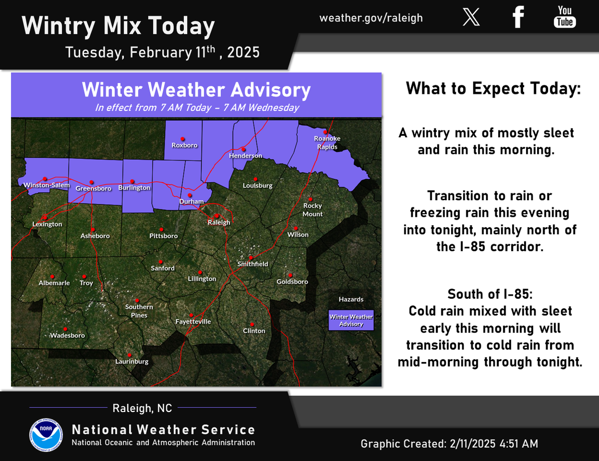 A winter weather advisory is in place to the west and north of Raleigh through 7 a.m. Wednesday, Feb. 12. A few snowflakes could fall in Raleigh Tuesday morning, Feb. 11.