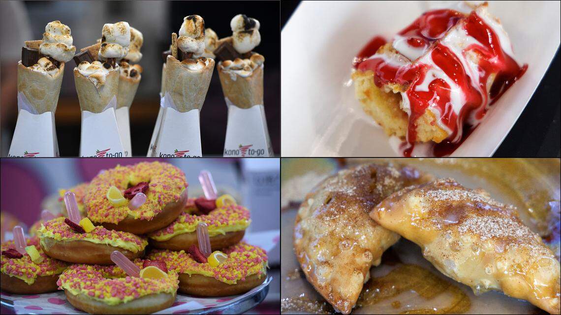 Clockwise from left, S’more Pizza Cones, Strawberries & Cream Waffle Stick, Apple Empanadas and Strawberry Lemonade Donuts are among the new foods available at the 2024 North Carolina State Fair.