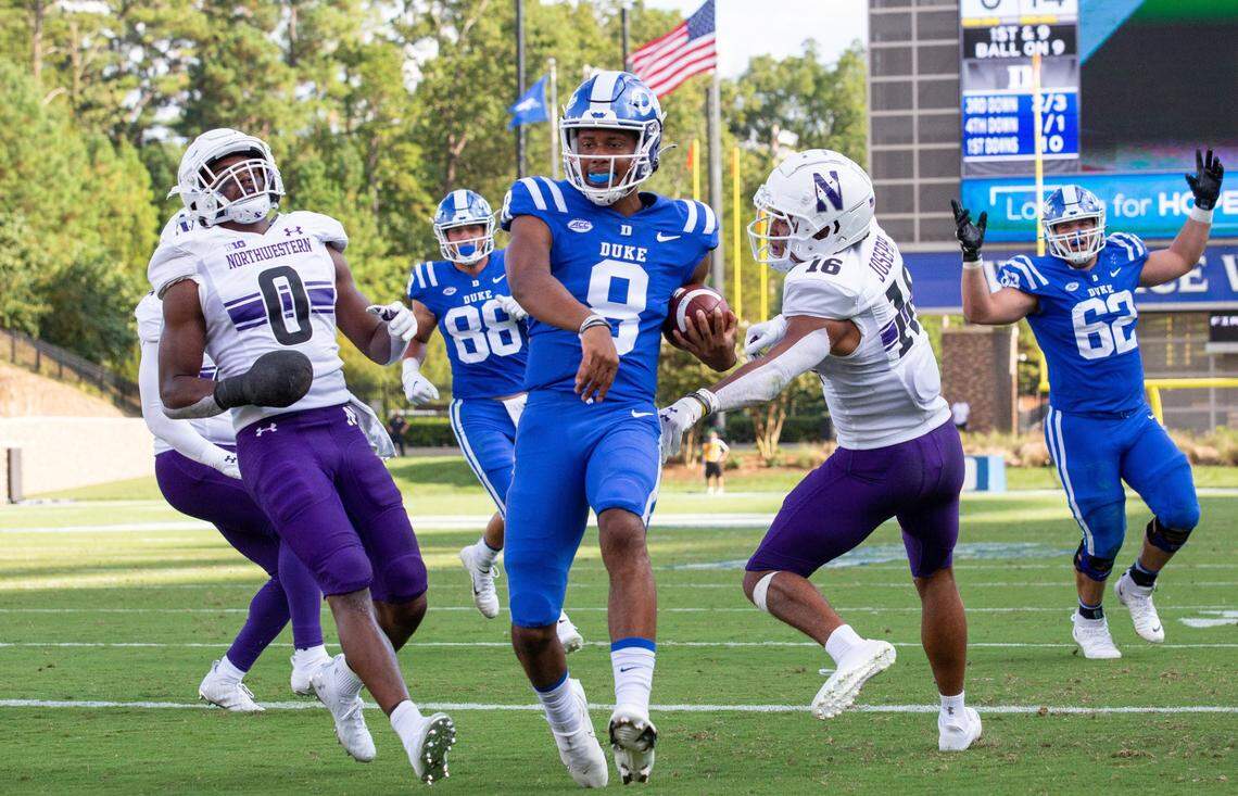 Duke’s Jordan Moore (8) rushes for a touchdown during the first half of and NCAA football game in Durham, N.C., Saturday, September 18, 2021.