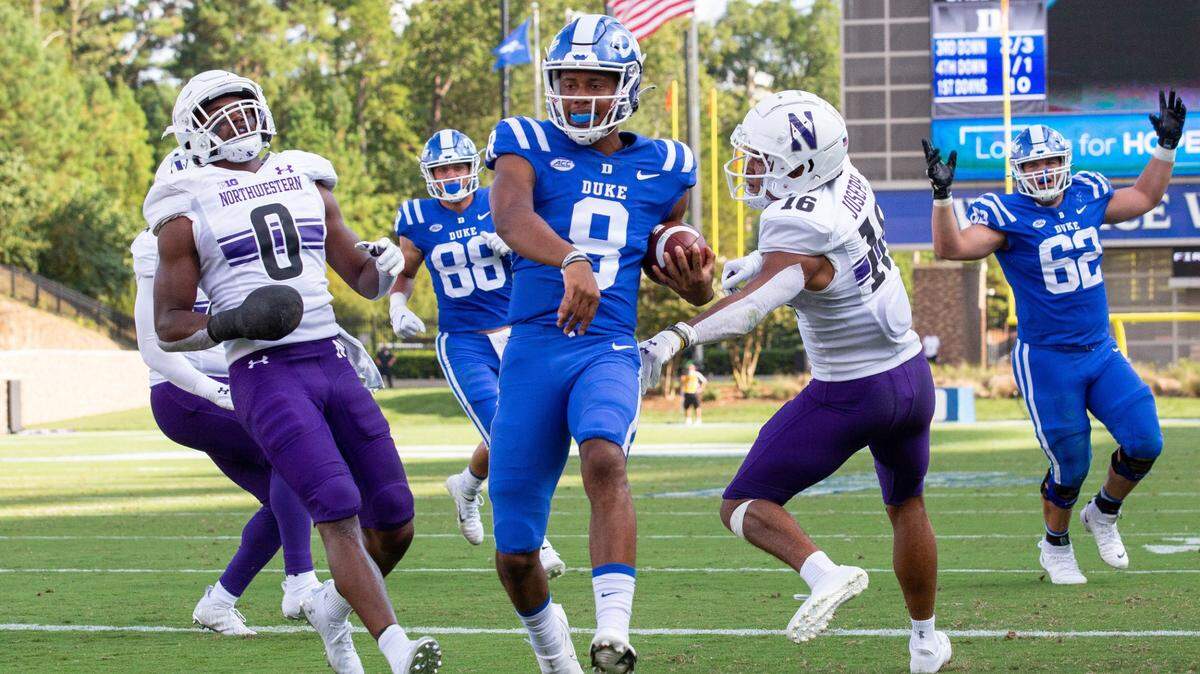 Duke’s Jordan Moore (8) rushes for a touchdown during the first half of and NCAA football game in Durham, N.C., Saturday, September 18, 2021.