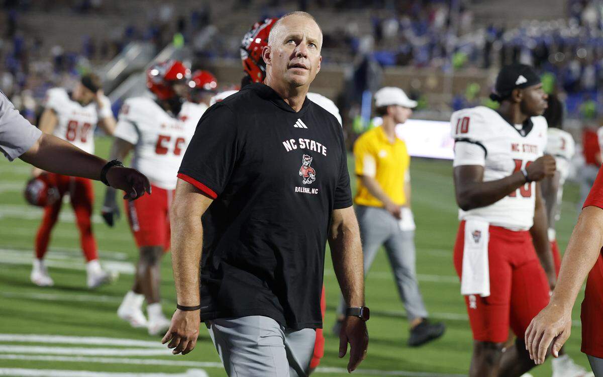 N.C. State head coach Dave Doeren walks off the field after Duke’s 45-33 victory over N.C. State at Wallace Wade Stadium in Durham, N.C., Sat. Sept. 20, 2025