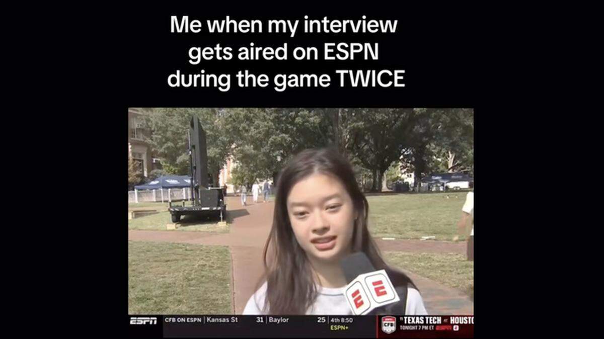 Anna Yi, a student at UNC-Chapel Hill, is interviewed on ESPN about campus attitudes toward the hapless football team under Coach Bill Belichick.