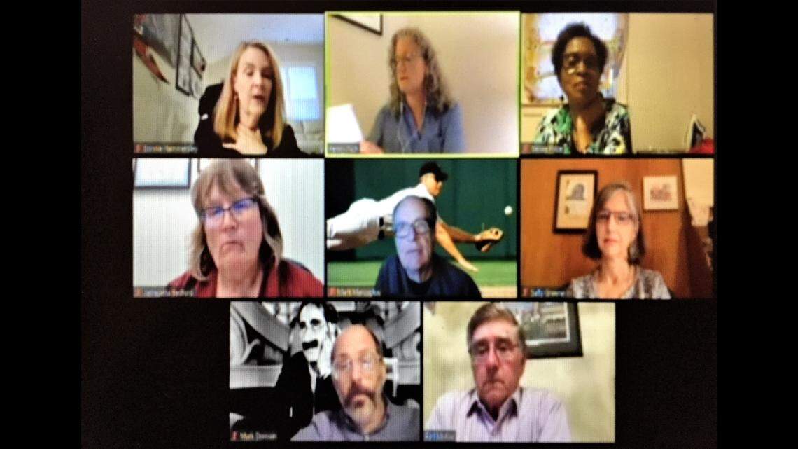 Orange County Manager Bonnie Hammersley (top left) presented her 2020-21 budget to the commissioners -- Chair Penny Rich (from top center, left to right), Renee Price, Jamezetta Bedford, Mark Marcoplos, Sally Greene, Mark Dorosin and Earl McKee -- on May 5.