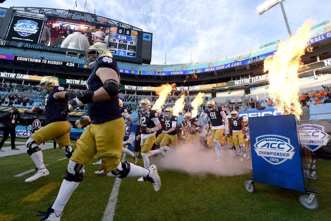 The Notre Dame Fighting Irish run onto the field at Bank of America Stadium in Charlotte, NC on Saturday, December 19, 2020. The Clemson Tigers and Notre Dame Fighting Irish faced off in the ACC Championship game.