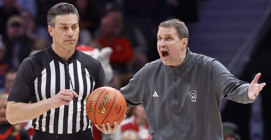 N.C. State head coach Will Wade protests a call by an official during the second half of the Wolfpack’s 81-74 loss to Virginia in the ACC Tournament quarterfinals on Thursday, March 12, 2026, at the Spectrum Center in Charlotte, N.C. 