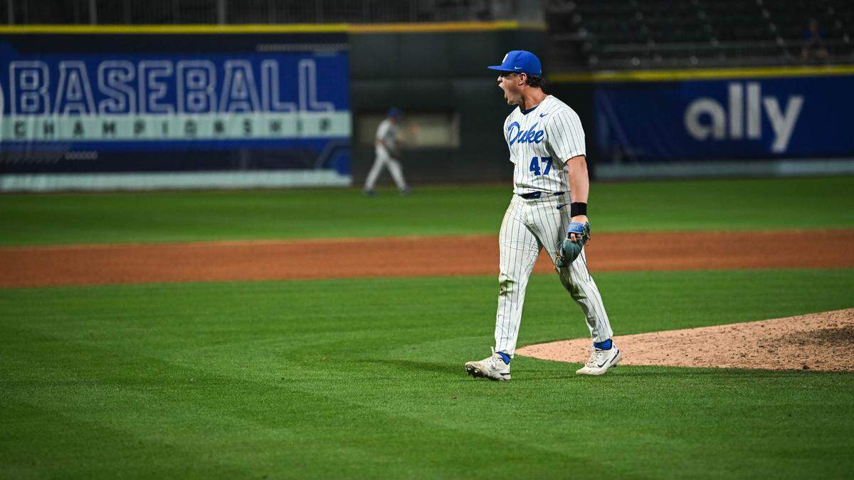 Duke Blue Devils relief pitcher Charlie Beilenson celebrates during the Blue Devils’ 11-8 ACC Tournament win over Virginia Tech on Tuesday night at Truist Field in Charlotte.