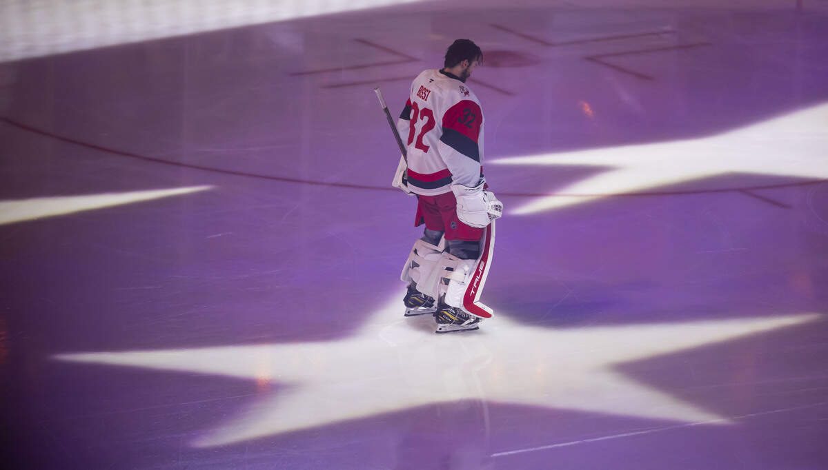 Carolina Hurricanes goalie Brandon Bussi (32) stands for the National Anthem, prior to starting in Game 4 of the Stanley Cup Final series against Vegas, on Tuesday, June 9, 2026 in Las Vegas, NV.