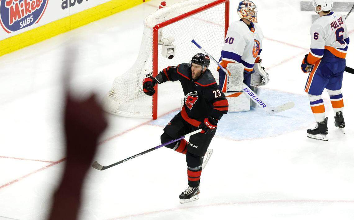 Carolina right wing Stefan Noesen (23) celebrates after scoring in the third period of the Hurricanes 3-1 victory over the Islanders in the first round of the Stanley Cup playoffs at PNC Arena in Raleigh, N.C., Saturday, April 20, 2024.