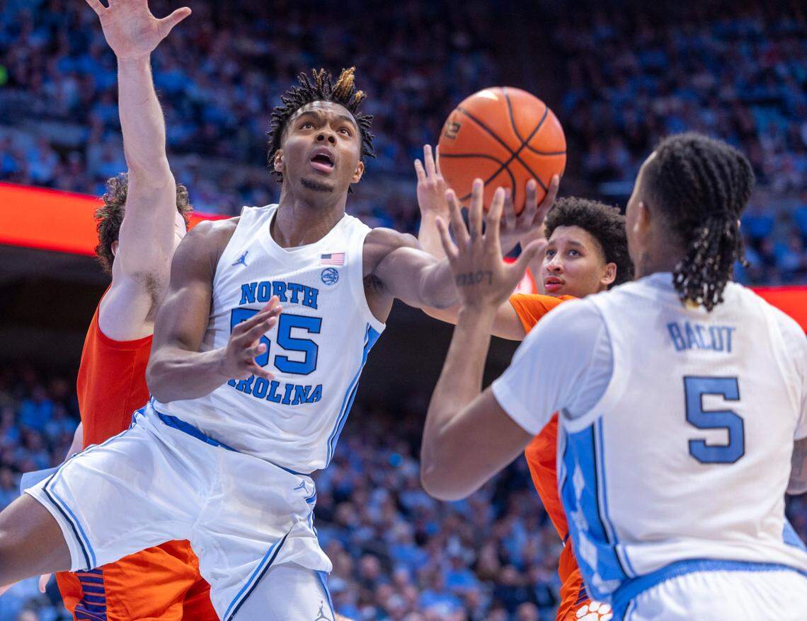 North Carolina’s Harrison Ingram (55) drives to the basket in the first half against Clemson on Tuesday, February 6, 2024 at the Dean E. Smith Center in Chapel Hill, N.C.