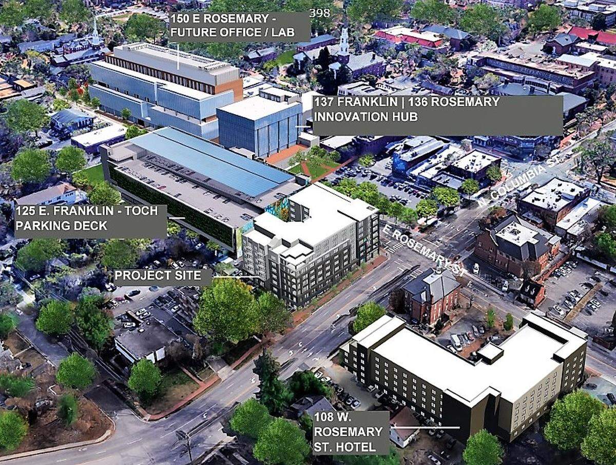The seven-story apartment building at 101 E. Rosemary St. is one of three Grubb Properties projects downtown, and along with the town’s new parking deck and a West Rosemary Street hotel project, it will significantly change the corridor that parallels East Franklin Street near UNC’s campus.