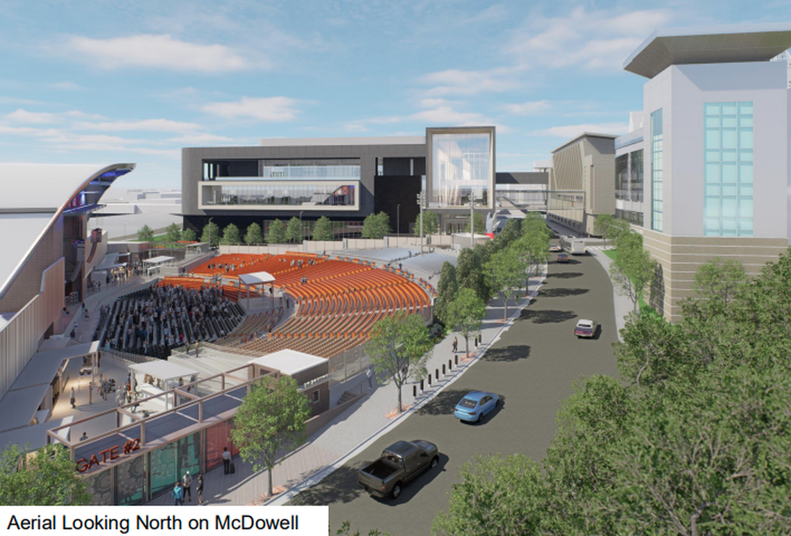 New designs for the Red Hat Amphitheater relocation shows the view of the venue off of McDowell Street in downtown Raleigh
