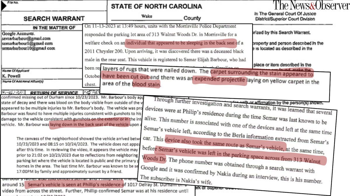 Excerpts from search warrants in the killing of Semar Barbour, 19, of Durham. Barbour was found dead in his car in Morrisville three weeks after he’d gone missing in the fall of 2023.