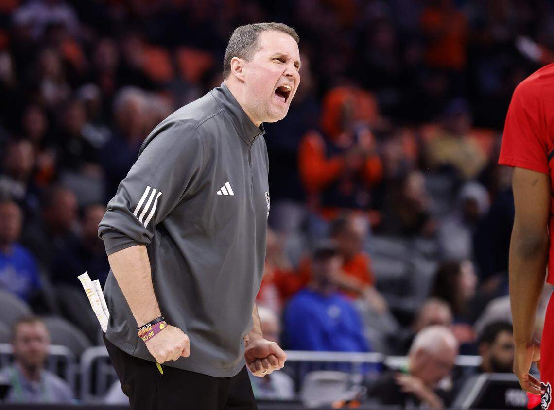 N.C. State head coach Will Wade is not happy with the play of his team during the first half of N.C. State’s game against Virginia in the quarterfinals of the 2026 ACC Men’s Basketball Tournament at the Spectrum Center in Charlotte, N.C., Thursday, March 12, 2026.