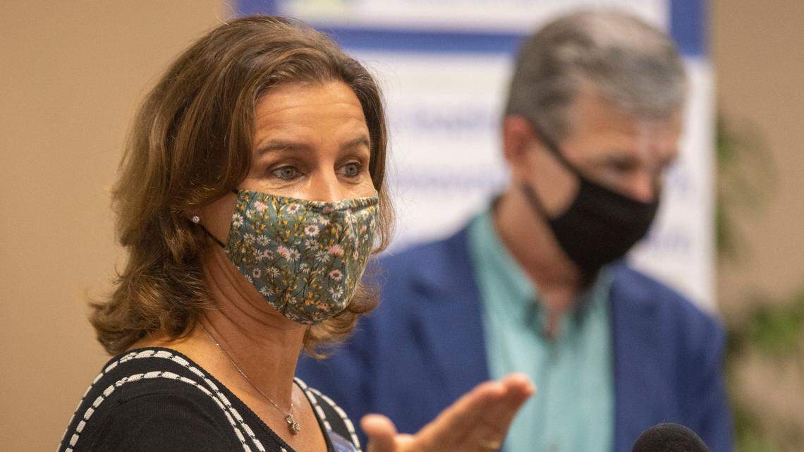 State Health Director Dr. Elizabeth Tilson fields questions on COVID-19 vaccination rates and monoclonal antibody treatment options during a press briefing with Governor Roy Cooper on Thursday, September 29, 2021 at Health Park Pharmacy in Raleigh, N.C.