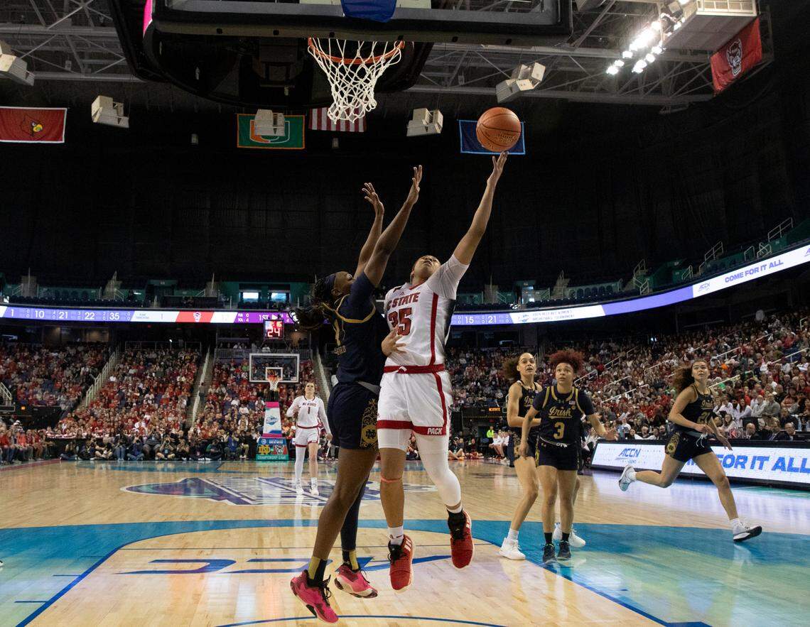 N.C. State’s Zoe Brooks drives to the basket past Notre Dame’s KK Bransford during the first half of the Wolfpack’s 55-51 loss in the ACC Tournament final on Sunday, March 10, 2024, at Greensboro Coliseum in Greensboro, N.C.