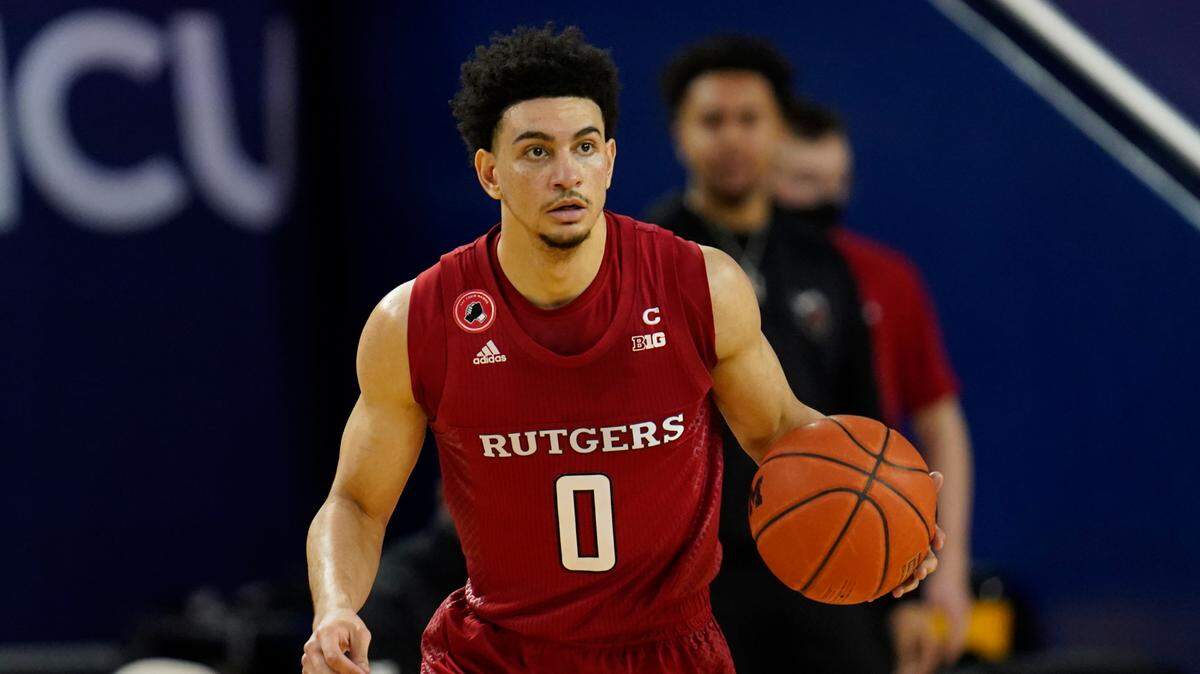 Rutgers guard Geo Baker (0) is part of a player protest ahead of the NCAA tournament, organized on social media around the #NotNCAAProperty hashtag. “We deserve an opportunity to create money from our name, image, and likeness,” Baker tweeted. “If you don’t agree with that statement, then you are saying that you believe that I, a human being, should be owned by something else.”
