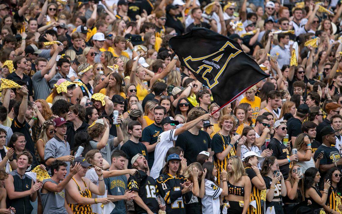 The Appalachian State fans show their excitement as the Mountaineers enter the stadium for their game against North Carolina on Saturday, September 3, 2022 at Kidd Brewer Stadium in Boone, N.C.