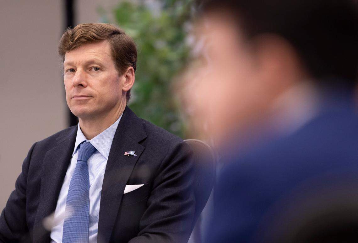 UNC Chancellor Lee Roberts listens to student body president Adolfo Alvarez during the UNC Board of Trustees meeting on Wednesday, May 21, 2025 in Chapel Hill, N.C. 