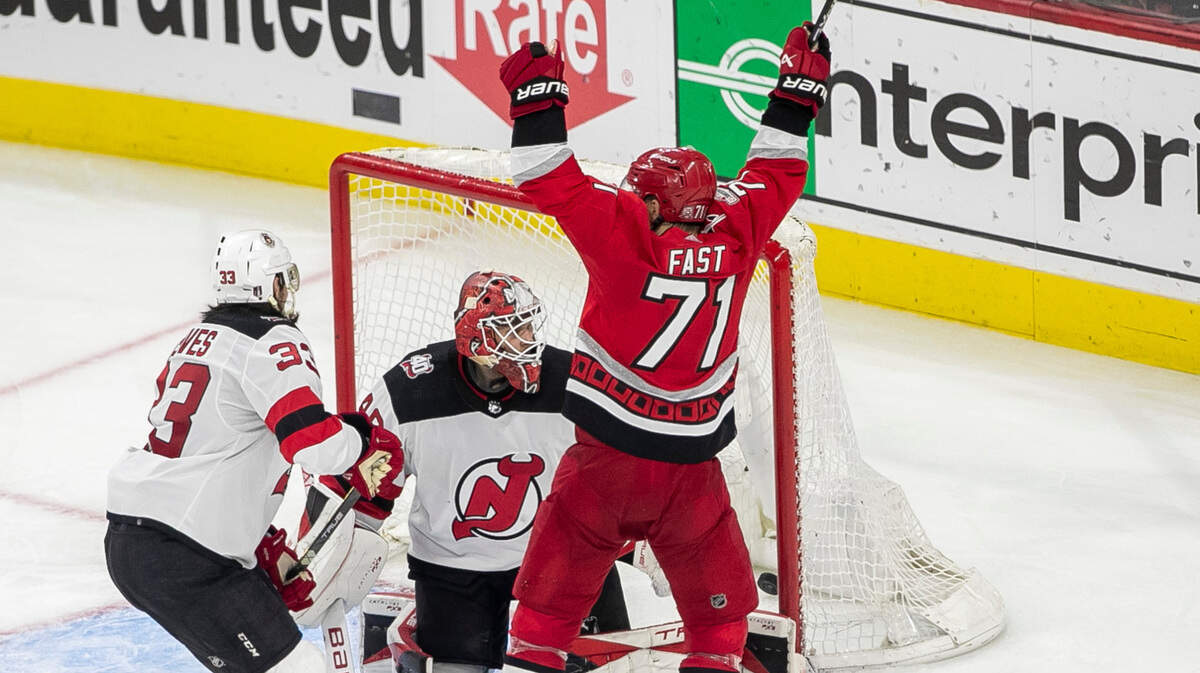 The Carolina Hurricanes Jesper Fast (71) scores the game winning goal in overtime, securing a 3-2 victory in Game 5 and clinching their second round Stanley Cup playoff series on Thursday, May 11, 2023 at PNC Arena in Raleigh, N.C.