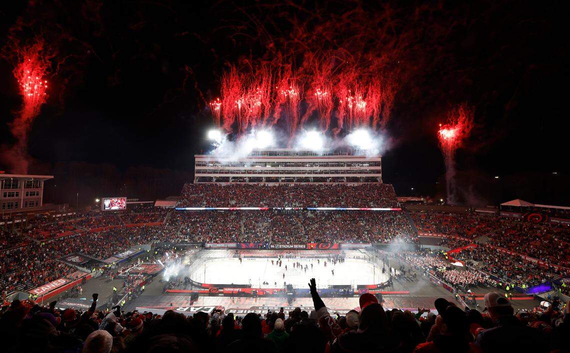 Fireworks go off after Carolina’s 4-1 victory over Washington in the NHL Stadium Series game between the Hurricanes and the Capitals at Carter-Finley Stadium in Raleigh, N.C., Saturday, Feb. 18, 2023.
