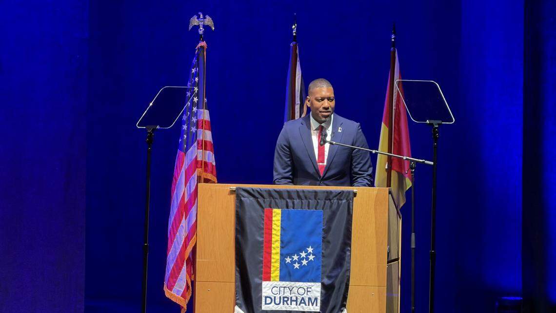 Mayor Leonardo Williams delivers the annual State of the City address on April 21, 2026, at the Durham Performing Arts Center.