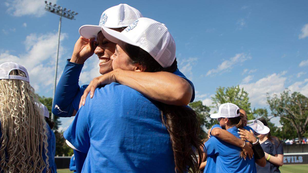Duke players celebrate following the Blue Devils’ 6-3 win over Florida State in the ACC Tournament final on Saturday, May 11, 2024, in Durham, N.C.