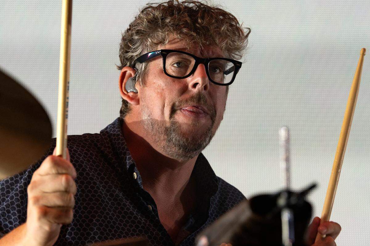 Patrick Carney on drums for The Black Keys in concert at Raleigh, N.C.’s Coastal Credit Union Music Park at Walnut Creek, Thursday night, Sept. 1, 2022.