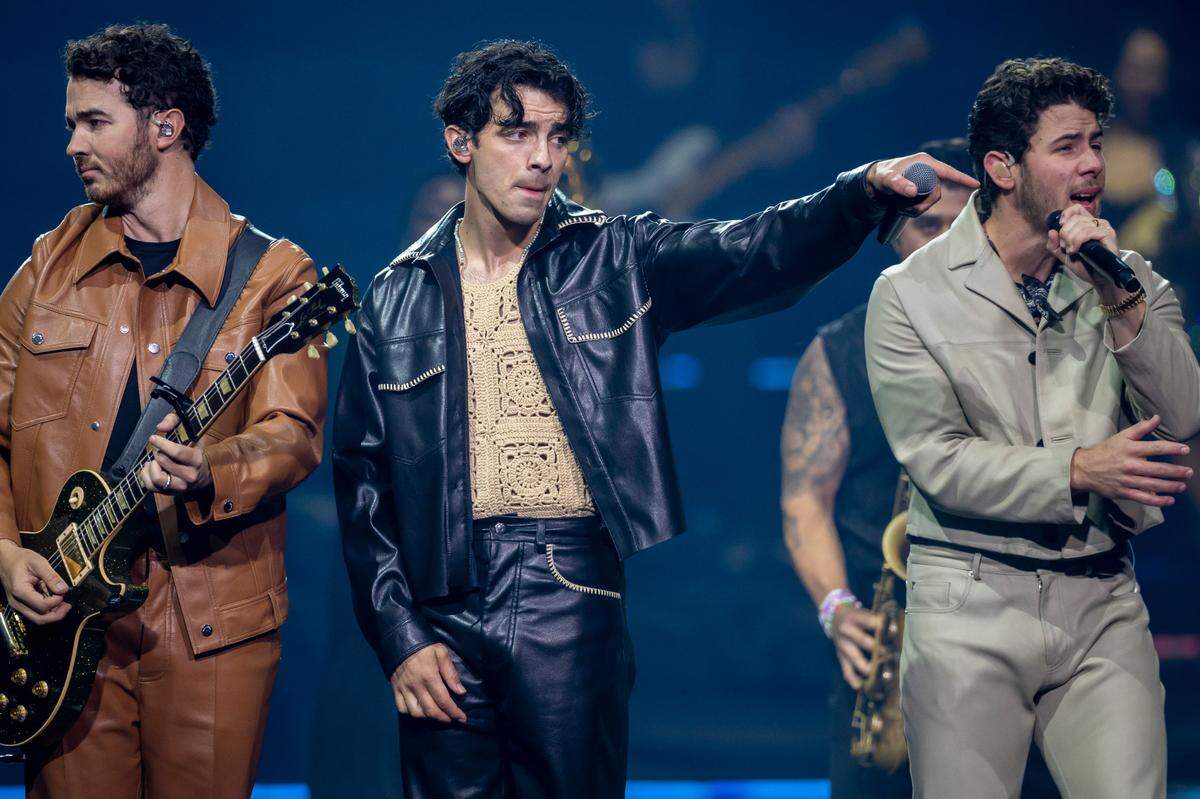 Kevin, Joe and Nick Jonas perform during their “Five Albums, One Night” tour stop at the PNC Arena on Thursday, September 28, 2023 in Raleigh, N.C