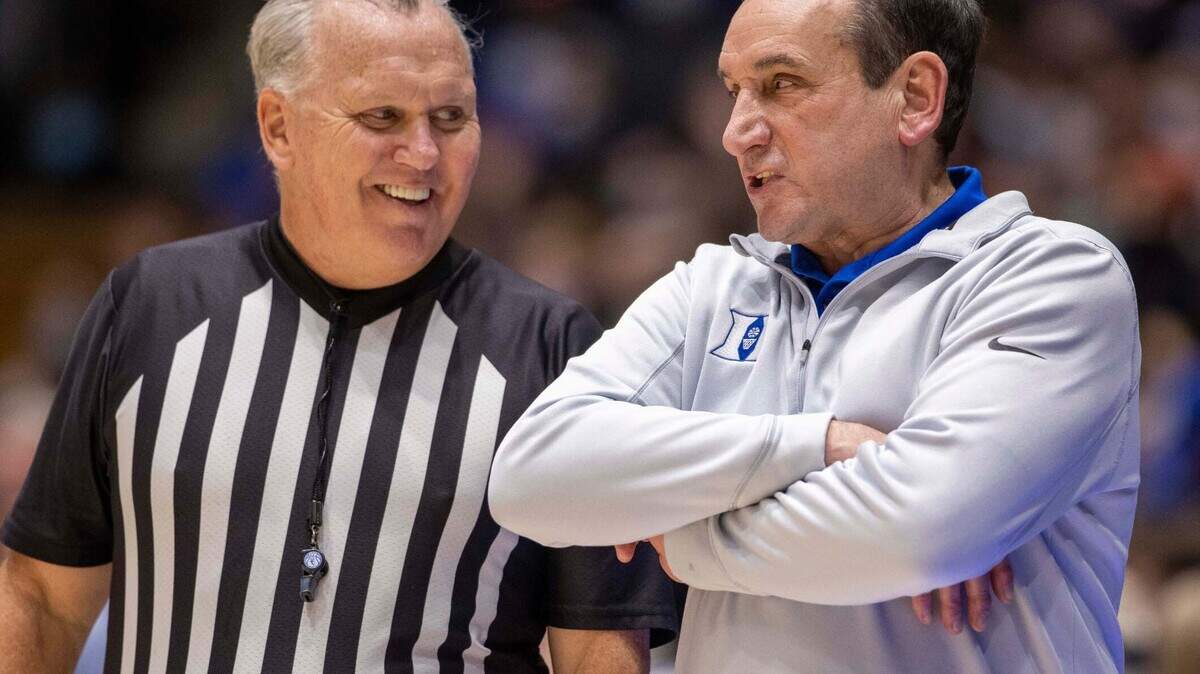 Duke coach Mike Krzyzewski talks with official Jamie Luckie, after a flagrant foul by the Citadel in the second half on Monday, November 22, 2021 at Cameron Indoor Stadium in Durham, N.C.