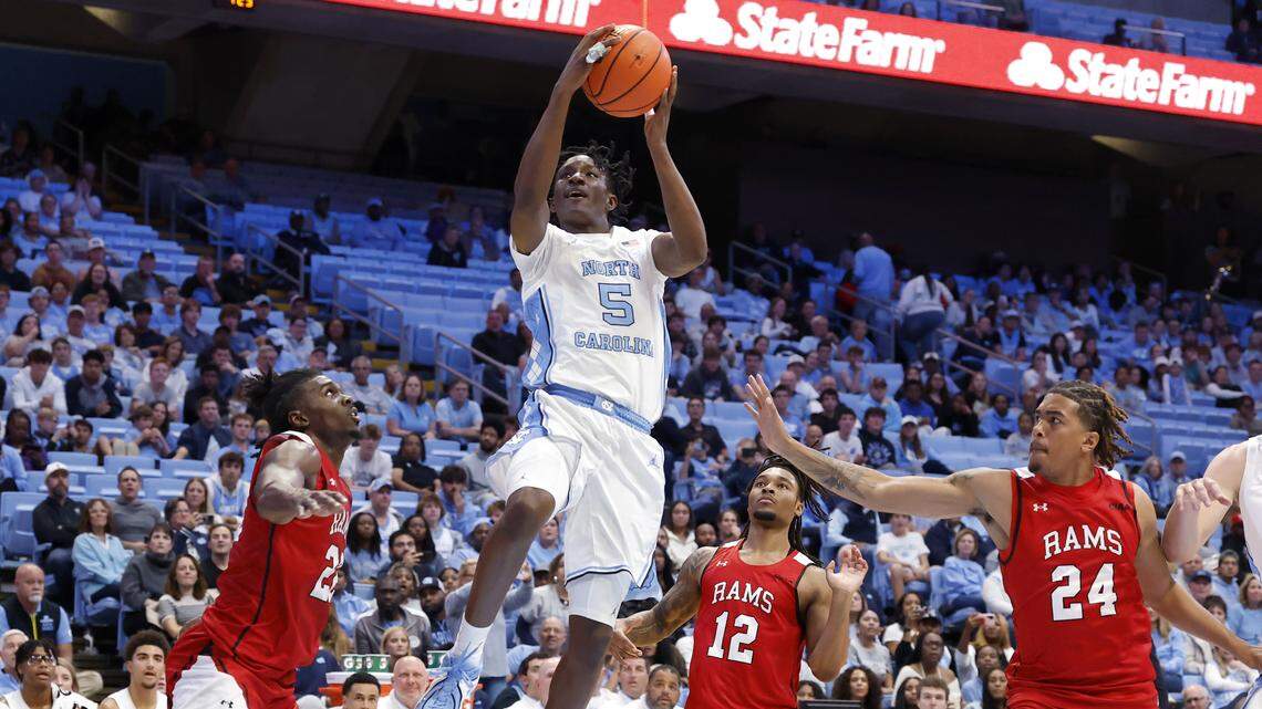 North Carolina’s Isaiah Denis drives to the basket during the second half of the Tar Heels’ 95-53 exhibition win over Winston-Salem State on Wednesday, Oct. 29, 2025, at the Smith Center in Chapel Hill, N.C.