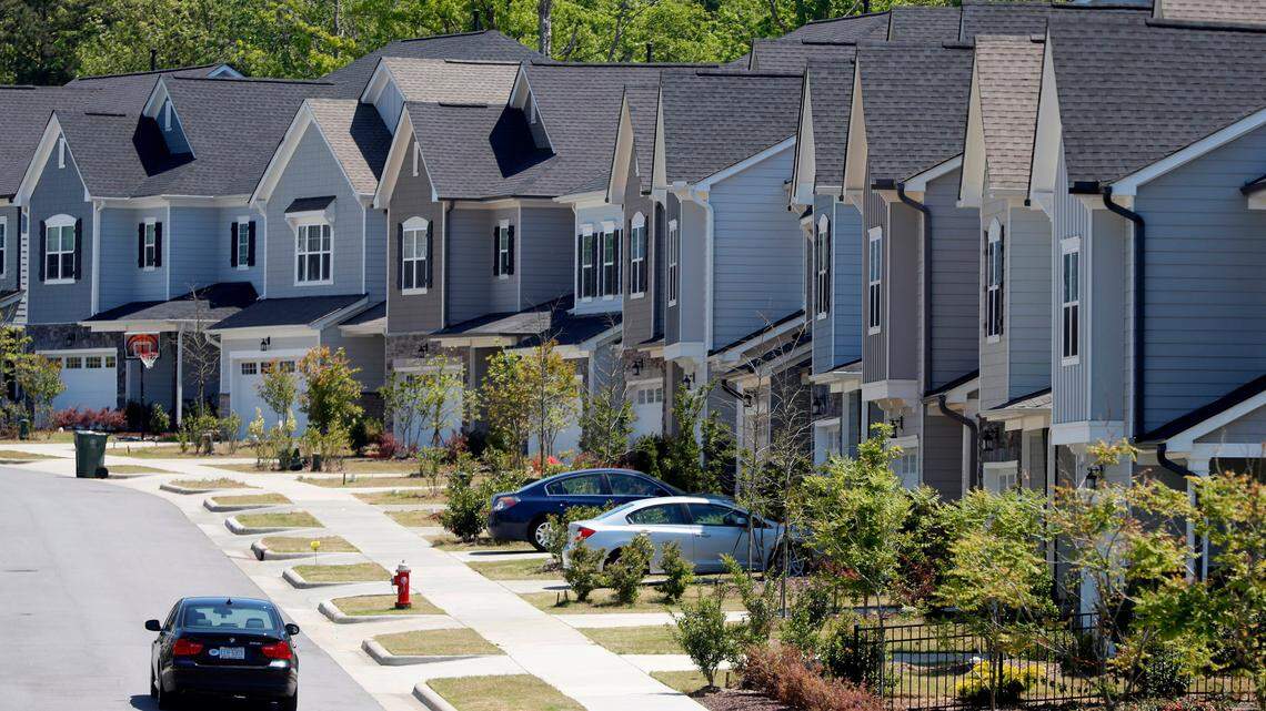 Recent built homes on Canyon Shadows Court in Cary, N.C., Tuesday, April 27, 2021. The Town Council has approved a plan to ensure the town has enough different types of housing to help people of all income levels live in Cary.