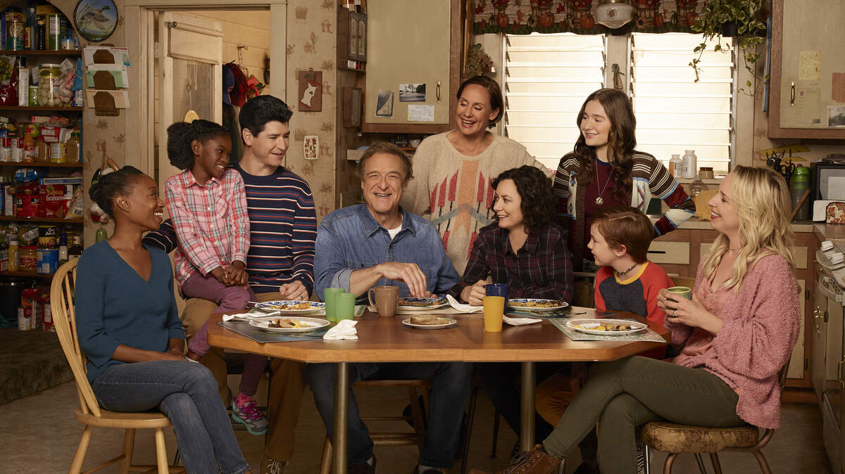 The cast of ABC’s “The Conners” (L-R): Maya Lynne Robinson as Geena Williams-Conner, Jayden Rey as Mary, Michael Fishman as D.J. Conner, John Goodman as Dan Conner, Laurie Metcalf as Jackie Harris, Sara Gilbert as Darlene Conner, Emma Kenney as Harris Conner, Ames McNamara as Mark, and Lecy Goranson as Becky Conner.