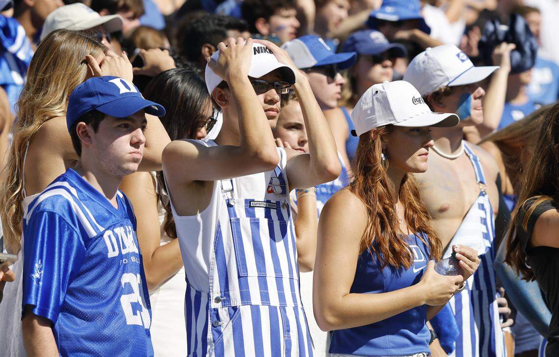 Blue Devils fans react during the second half of Georgia Tech’s 27-18 victory over Duke at Wallace Wade Stadium in Durham, N.C., Saturday, Oct. 18, 2025.