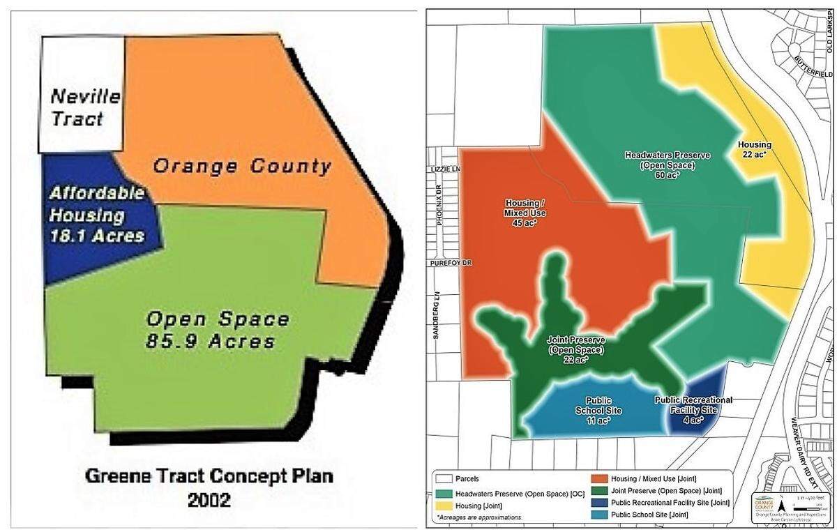 A 2002 concept plan for the 164-acre Greene Tract (left) preserved roughly 145 acres of the land, leaving 18 acres for affordable housing. A new version proposed this year (right) preserves 86 acres, including a four-acre park, and allocates the rest to housing, a future school and small-scale businesses.